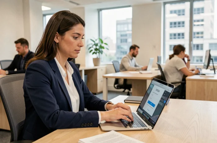 Femme professionnelle connectée à un portail RH en ligne sur son ordinateur portable au bureau