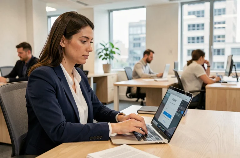 Femme professionnelle connectée à un portail RH en ligne sur son ordinateur portable au bureau