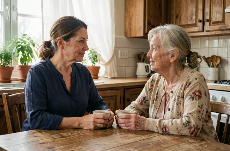 Une femme d'âge moyen accompagne avec bienveillance une parent âgée autour d'une tasse de thé dans une cuisine familiale chaleureuse