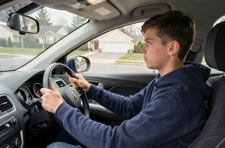 Jeune adolescent de 16 ans au volant d'une voiture lors d'une leçon de conduite accompagnée en France