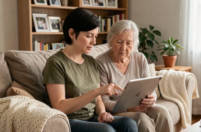 Une femme aide sa mère âgée à utiliser une tablette numérique avec patience et bienveillance dans un salon confortable