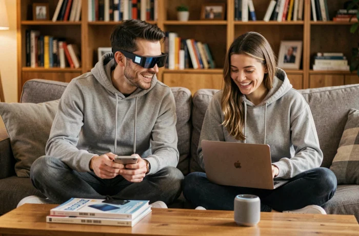 Deux amis geeks partageant leurs expériences avec les dernières technologies high-tech 2024 dans un salon moderne et cosy
