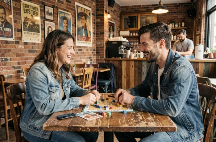 Deux amis jouant à un jeu de société dans un café, partageant un moment de loisir convivial