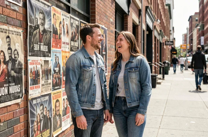 Un homme et une femme riant devant des affiches de films vintage sur un mur de briques en ville, illustrant une amitié durable entre anciens partenaires de tournage