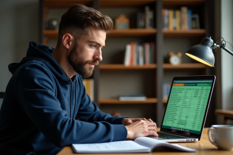 Homme analysant des statistiques de pronostic football sur un ordinateur portable avec des notes manuscrites sur son bureau