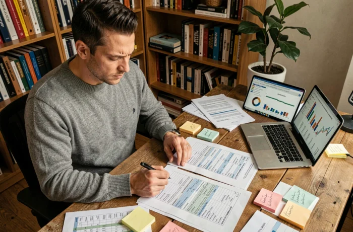 Entrepreneur analysant des feuilles de calcul de tarification sur un bureau en bois dans un bureau à domicile