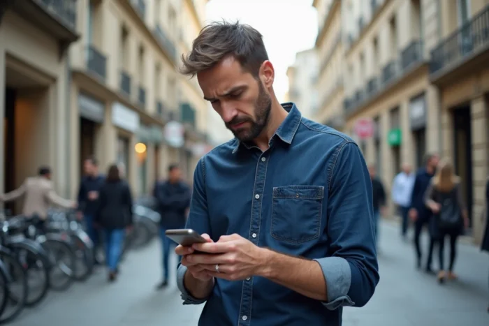 Homme consultant son téléphone portable dans la rue pour effectuer un appel en PCV