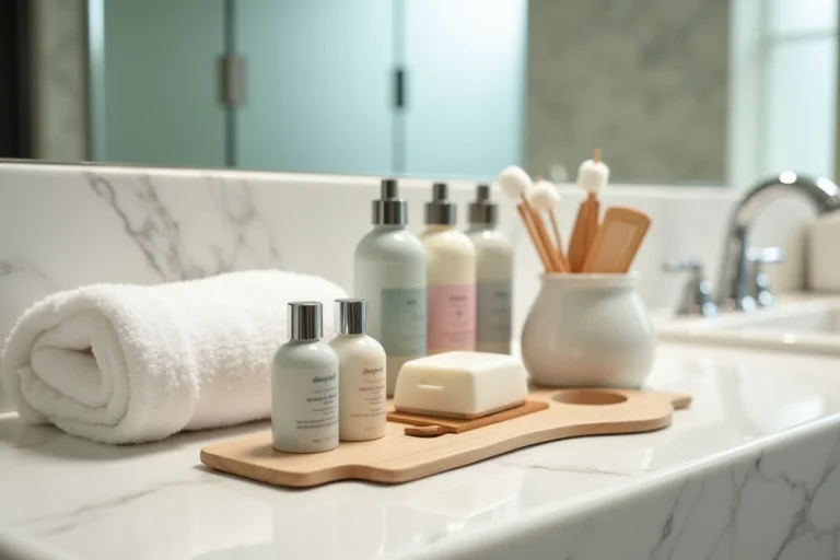 Articles de toilette gratuits disposés sur le comptoir en marbre d'une salle de bain d'hôtel de luxe