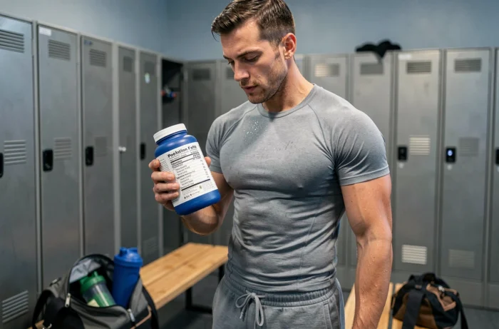 Athlète masculin analysant l'étiquette nutritionnelle d'un complément protéiné en salle de sport
