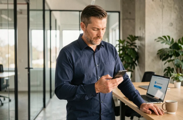 Homme en bureau moderne consultant une notification d'authentification à deux facteurs Google sur son téléphone