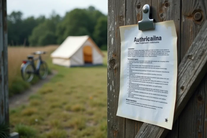 Autorisation affichée sur un portail de ferme pour un séjour légal en camping sur terrain agricole
