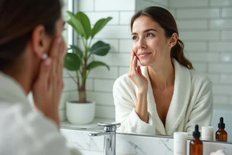 Femme de 45 ans examinant sa peau améliorée par le rétinol dans un miroir de salle de bain, avec un sérum rétinol posé sur le comptoir en marbre