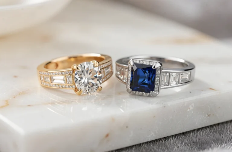 Deux bagues Dior en or jaune et platine avec diamants et saphir posées sur marbre blanc poli, photographie macro haute définition