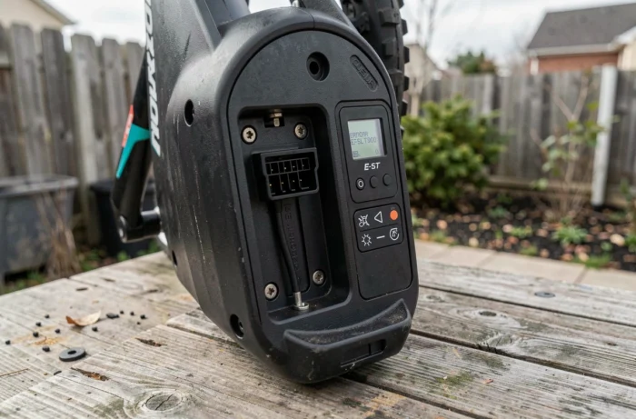 Gros plan sur la batterie et l'écran d'erreur du VTT électrique Rockrider E-ST 900