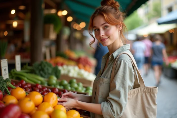 Jeune femme rousse choisissant des légumes frais au marché, alimentation saine et beauté naturelle au quotidien