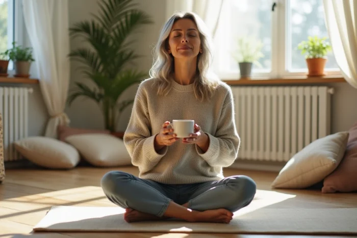 Femme mature aux cheveux naturels argentés savourant une tisane en position de méditation dans un salon zen