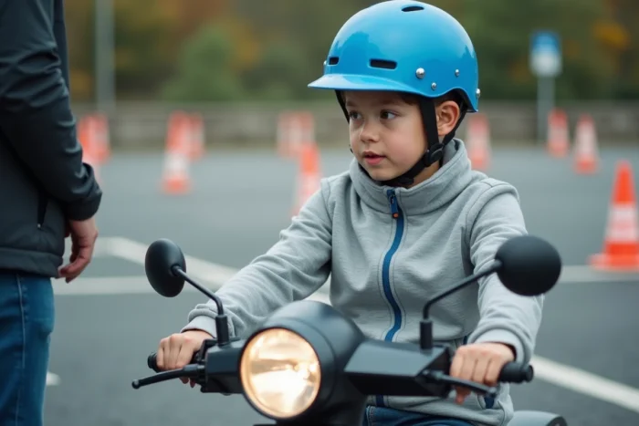 Jeune candidat au BSR écoutant les instructions d'un moniteur dans un centre de formation à la conduite de scooter