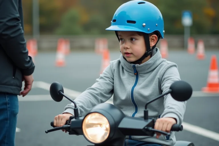 Jeune candidat au BSR écoutant les instructions d'un moniteur dans un centre de formation à la conduite de scooter