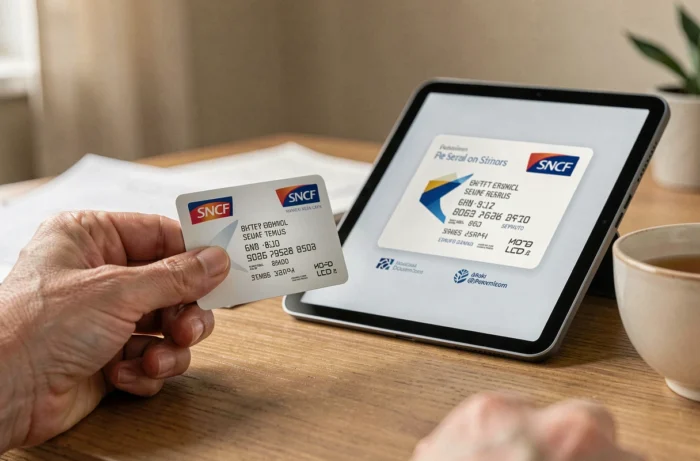 Comparaison entre une carte senior SNCF physique et sa version dématérialisée sur tablette