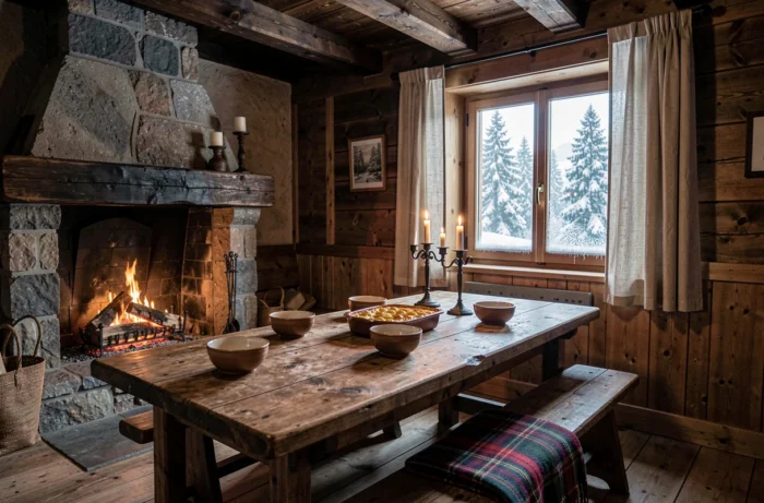 Intérieur chaleureux d'un chalet authentique en Savoie avec poutres en bois, cheminée en pierre et repas traditionnel sur la table
