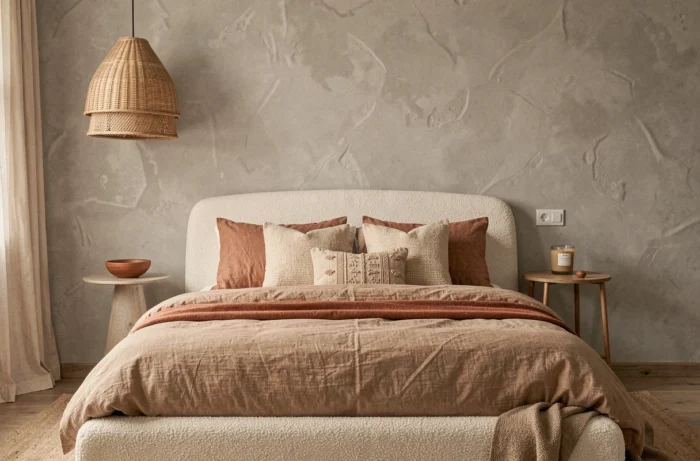 Chambre à coucher épurée avec tête de lit en bouclé, draps en lin naturel et murs en chaux dans un intérieur tendance et chaleureux