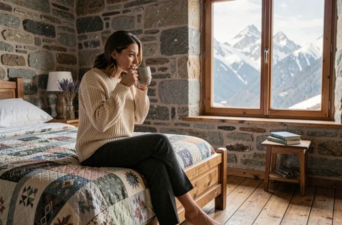 Femme se reposant dans une chambre d'hôtes rustique en Savoie avec vue sur les sommets enneigés