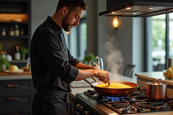 Chef préparant un risotto au safran dans une casserole en cuivre sur une cuisinière professionnelle