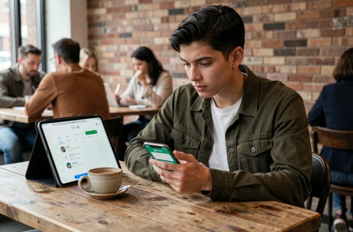 Jeune adulte dans un café vérifiant un code de sécurité Google sur tablette et smartphone