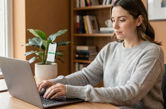 Femme utilisant un smartphone pour obtenir un code de vérification Google sur son bureau à domicile