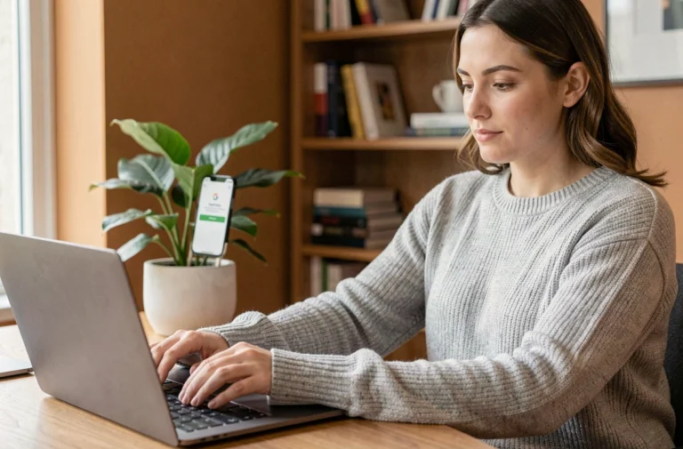 Femme utilisant un smartphone pour obtenir un code de vérification Google sur son bureau à domicile