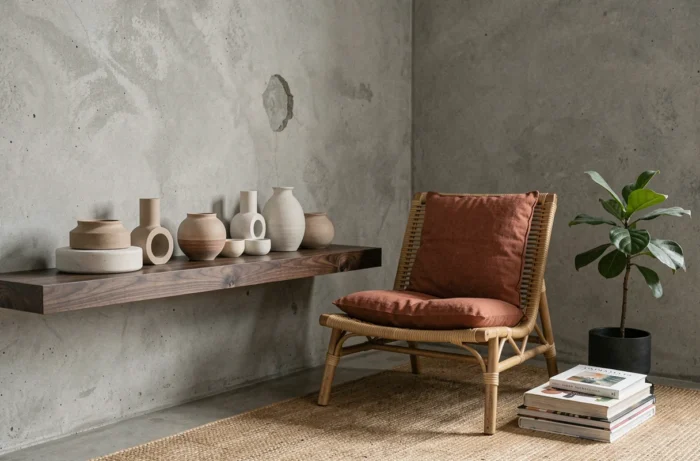 Coin lecture Japandi avec chaise en rotin, étagère en noyer et plantes vertes dans un appartement moderne et épuré