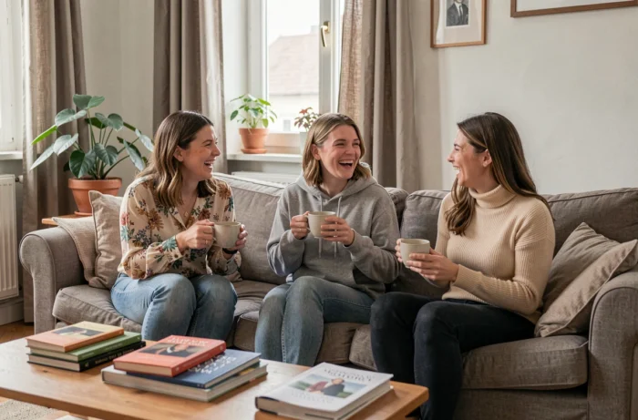 Trois colocataires femmes partageant un moment convivial autour d'un thé dans le salon de leur appartement partagé en France