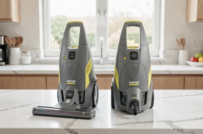 Comparaison côte à côte du Karcher WV2 Plus et WV2 Premium posés sur un plan de travail de cuisine moderne