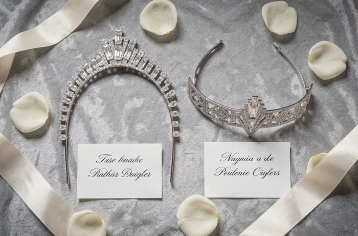 Vue du dessus comparant une tiare de mariée en zirconia et un diadème Art Déco en diamants posés sur du velours gris, illustrant les différences de forme et de style