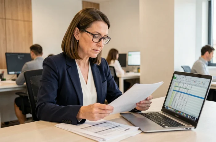 Comptable analysant des relevés bancaires et documents de trésorerie au bureau pour illustrer la gestion du compte 515