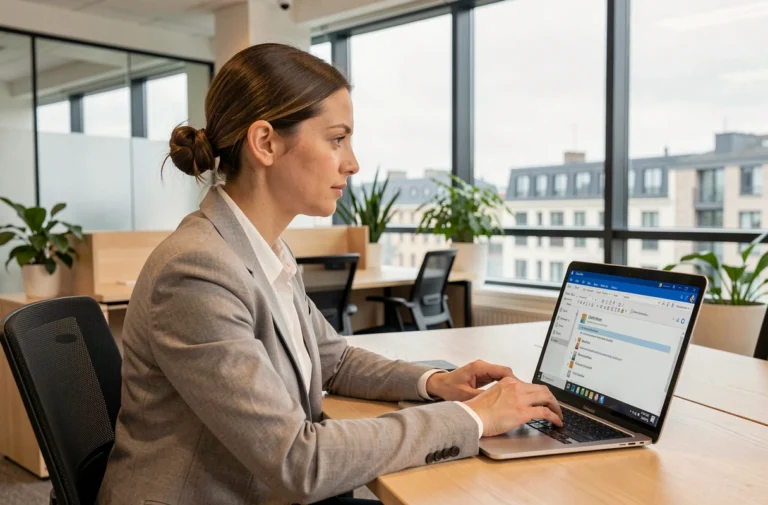 Femme professionnelle configurant la messagerie Créteil sur Outlook dans un bureau moderne