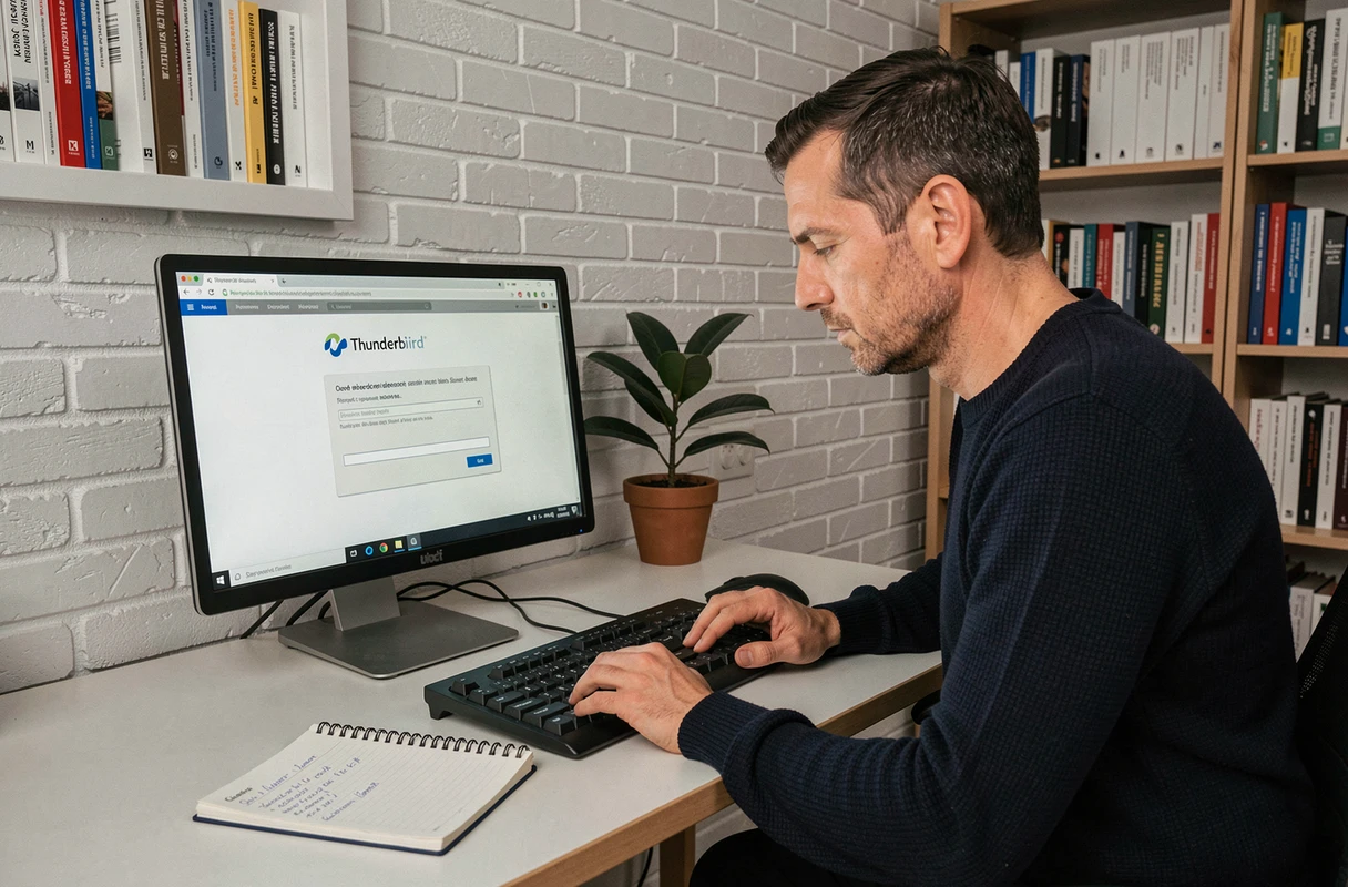 Homme configurant Thunderbird avec les paramètres de messagerie de Créteil depuis son bureau à domicile