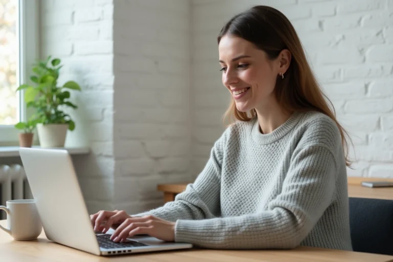 Femme accédant à son espace client en ligne sur un ordinateur portable dans un bureau à domicile