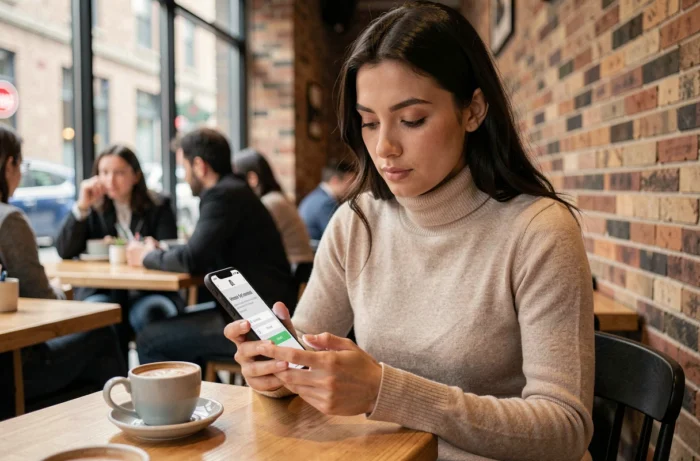 Jeune femme accédant à MyPeopleDoc sur smartphone dans un café moderne