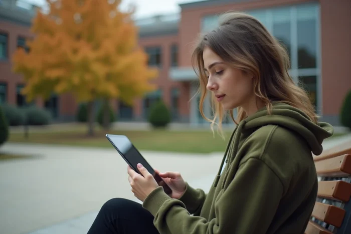Jeune femme se connectant au webmail de l'académie de Créteil sur une tablette dans la cour d'un établissement scolaire