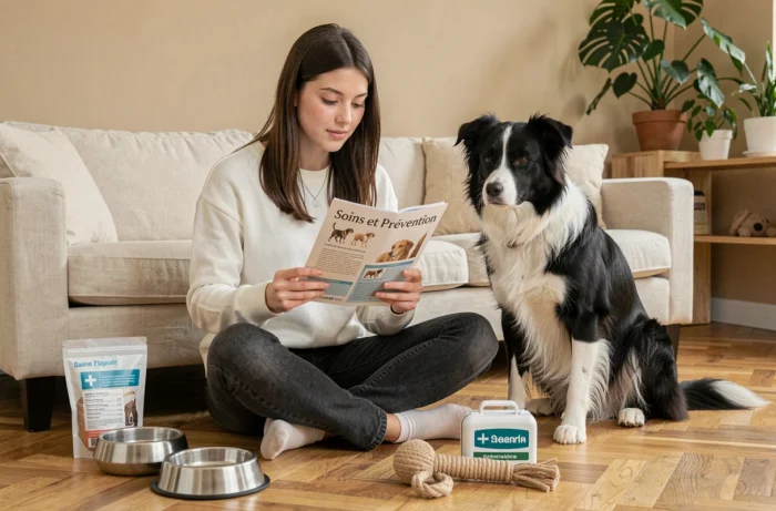 Jeune femme lisant des conseils de soins animaux entourée d'accessoires pour chien dans un salon cosy