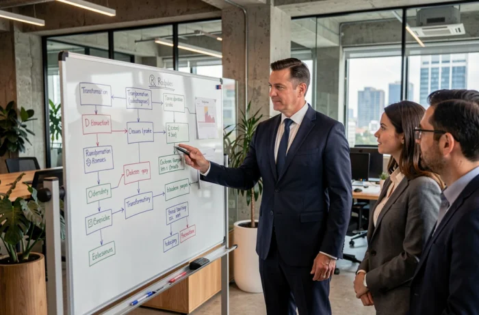 Consultant expert en transformation digitale présentant une feuille de route stratégique à une équipe en entreprise