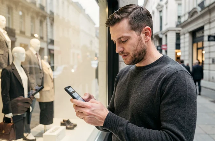 Homme consultant la page de contact de Fashion Collection sur smartphone devant une boutique de mode en ville