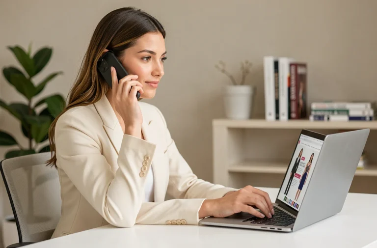 Jeune femme élégante en blazer crème contactant le service client Fashion Collection par téléphone depuis un bureau minimaliste