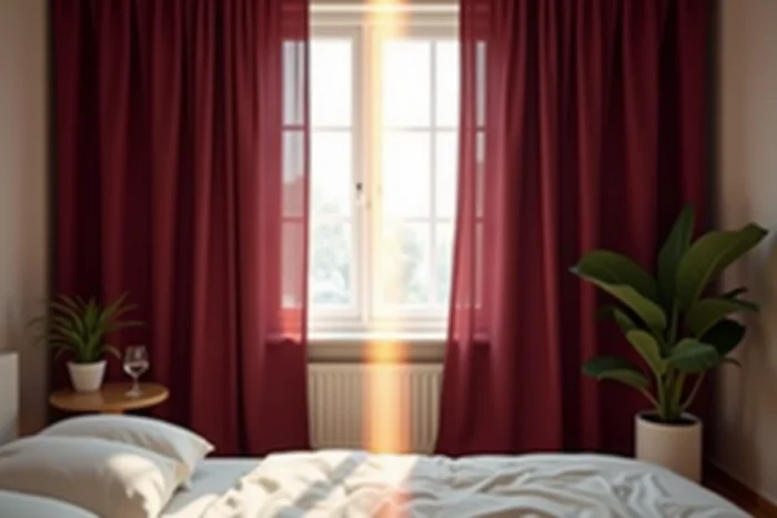 Chambre vide montrant le contraste entre un rideau occultant bordeaux fermé et l'entrée de lumière naturelle par un écart de rideau