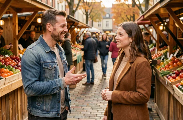 Un homme et une femme en conversation dans un marché en plein air, illustrant les dynamiques de séduction et d'interprétation des intentions masculines