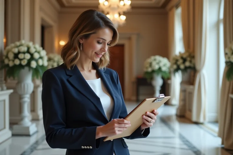 Coordinatrice de mariage élégante tenant un clipboard dans un hall de réception luxueux avec décoration florale