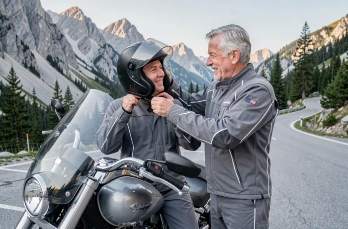 Couple de quinquagénaires s'aidant à enfiler leur équipement moto dans un parking de montagne avec vue panoramique