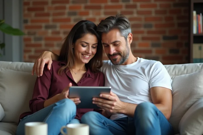 Couple explorant ensemble une plateforme de rencontres en ligne sur une tablette dans un salon moderne