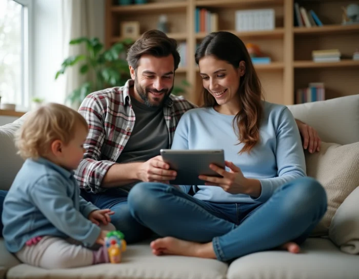 Couple de parents consultant un simulateur d'aides CAF sur une tablette dans leur salon, avec leur enfant en bas âge jouant à côté